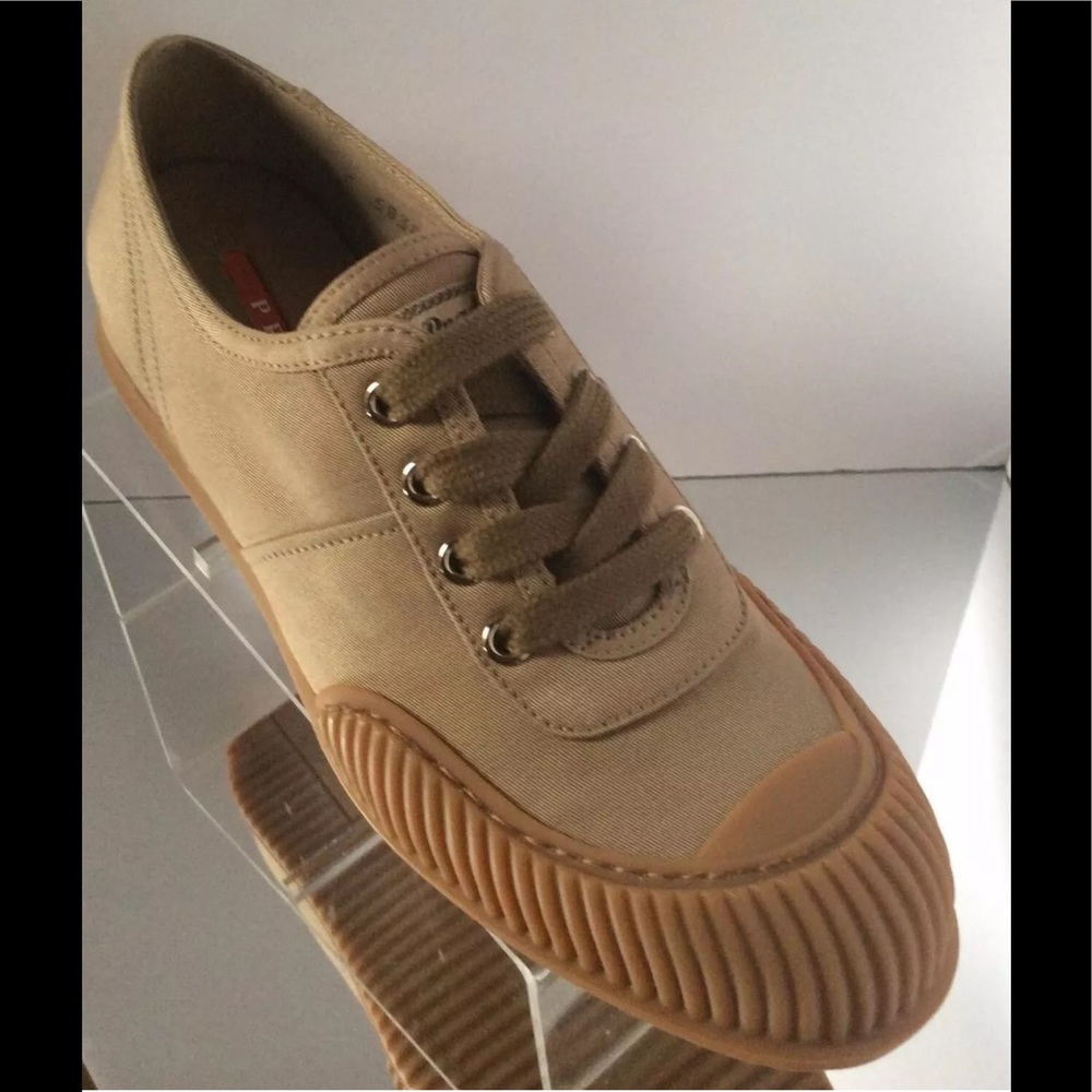 Prada New Sz.35.5 Gaberdine Khaki Lace up Sneaker - Picture 12 of 14